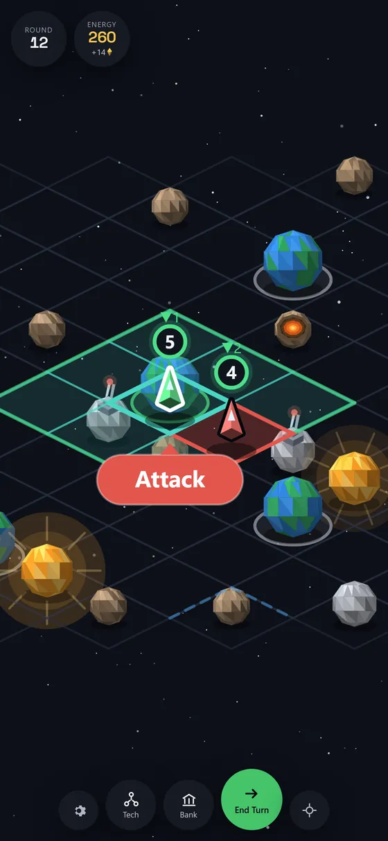 An attack forecast in Celestile: two circled numbers showing exactly what each unit will be left with.