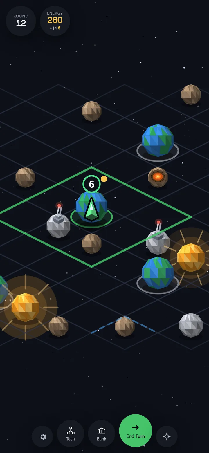 A Celestile match in progress: an isometric board of planets, moons and asteroids, with one green zone of control drawn around a claimed world.