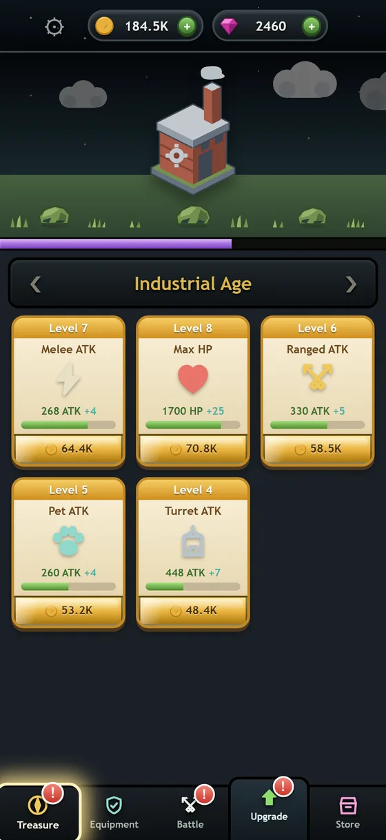 The upgrade screen during the Industrial Age, with five upgrade cards: melee attack, max health, ranged attack, pet attack and turret attack.