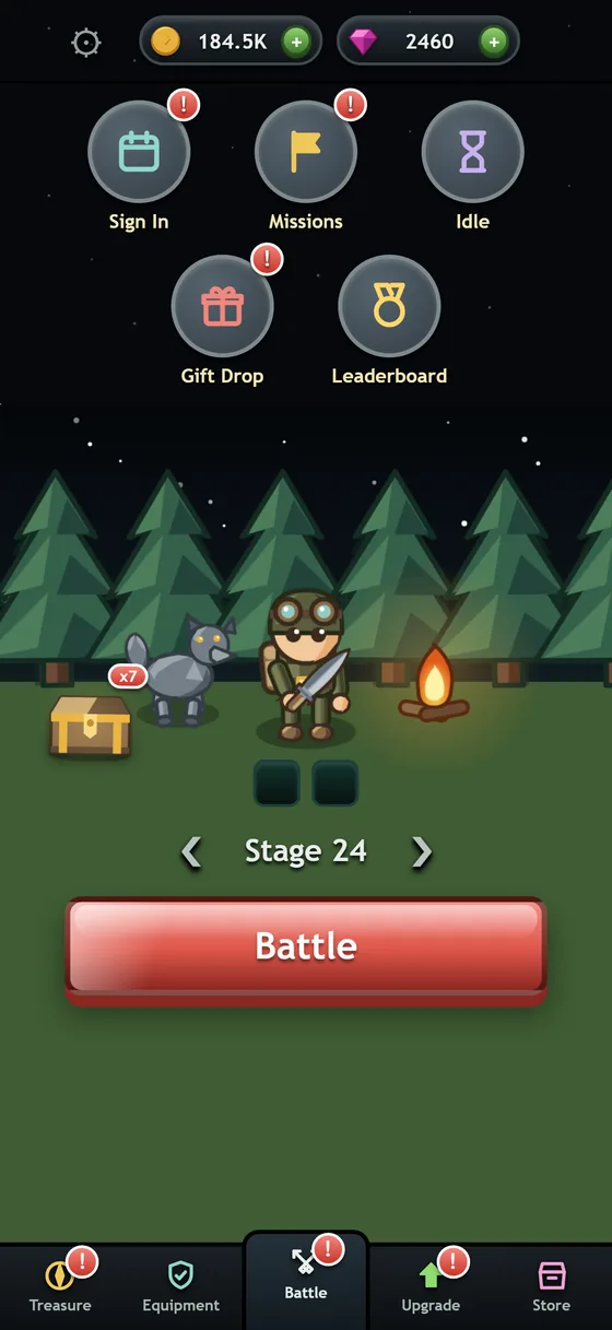 The home camp at night: a campfire, a wolf companion, a treasure chest, and a stage selector reading Stage 24 above a Battle button.