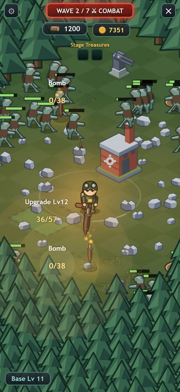 A Timber Frenzy stage in progress: the hero stands in a forest clearing with a turret behind him, health bars over a dozen advancing enemies, and a banner reading Wave 2 of 7.