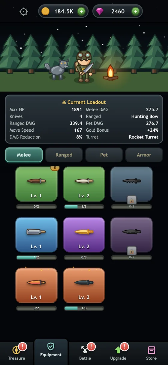 The equipment screen listing the current loadout's stats, with tabs for melee, ranged, pet and armour.
