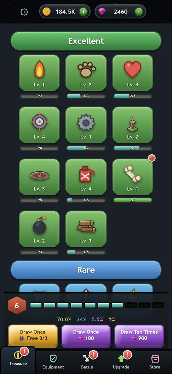 The treasure draw screen, showing rarity tiers and the draw odds printed along the bottom: 70 percent, 24 percent, 5.5 percent and 1 percent.